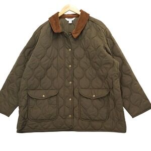 Old Navy Quilted‎ Barn Jacket Women XXL Olive Green Corduroy Collar Snap Front
